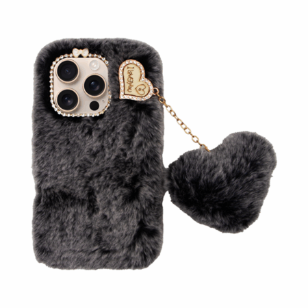 Vivid Fluffy Plush Case with Heart-Shaped Chain Apple iPhone 16 Pro Grey/Black