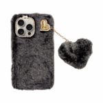 Vivid Fluffy Plush Case with Heart-Shaped Chain Apple iPhone 16 Pro Max Grey/Black