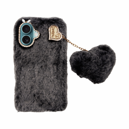 Vivid Fluffy Plush Case with Heart-Shaped Chain Apple iPhone 16 Plus Grey/Black