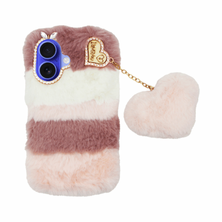 Vivid Fluffy Plush Case with Heart-Shaped Chain Apple iPhone 16 Pink