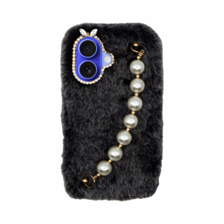 Vivid Fluffy Plush Case with Pearl Chain Apple iPhone 16 Grey/Black