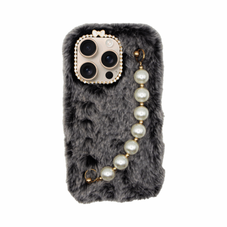 Vivid Fluffy Plush Case with Pearl Chain Apple iPhone 16 Pro Grey/Black