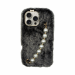 Vivid Fluffy Plush Case with Pearl Chain Apple iPhone 16 Pro Max Grey/Black