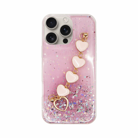 Vivid Glitter Case with Heart Chain Hand Strap Apple iPhone 16 Pro Max Pink