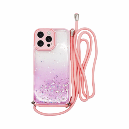 Vivid Bling Glitter with Stars Case and lanyard Apple iPhone 16 Pro Max Pink