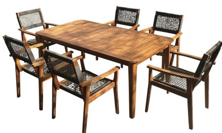 AMORGOS Τραπεζαρία Σέτ 7 Τεμαχίων Με Ξύλινο Σκελετό Acacia Wood Και Σχοινί (PR1624) , 180 x 100 x 75(h)cm