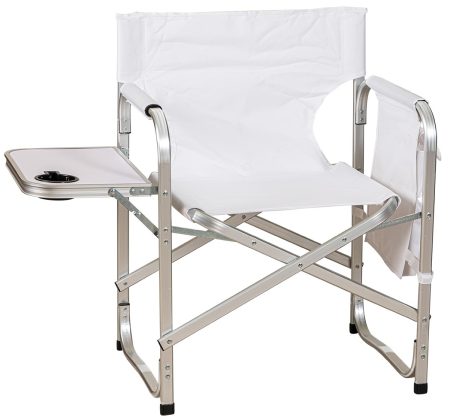 Λευκή Πτυσσόμενη Πολυθρόνα Σκηνοθέτη Παραλίας Με Πτυσσόμενο Τραπεζάκι Και Αλουμίνιο Σκελετό Και Πολυεστερικό Ύφασμα , 49 x 64 x 42/82(h)cm